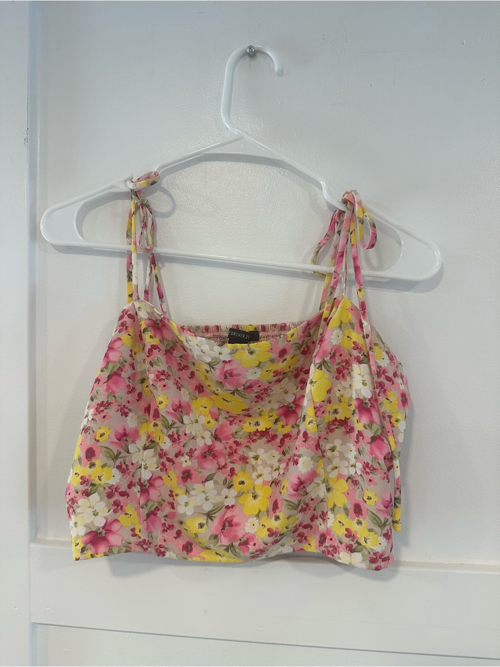Forever 21 Pink & Yellow Floral Tie-Shoulder Crop Top